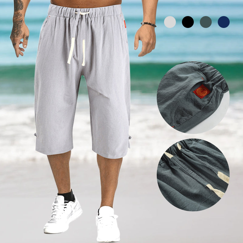 "Herr casual byxor i linne och bomull, elegant design i grått, svart, marinblått eller armégrönt, perfekt för sommar."
