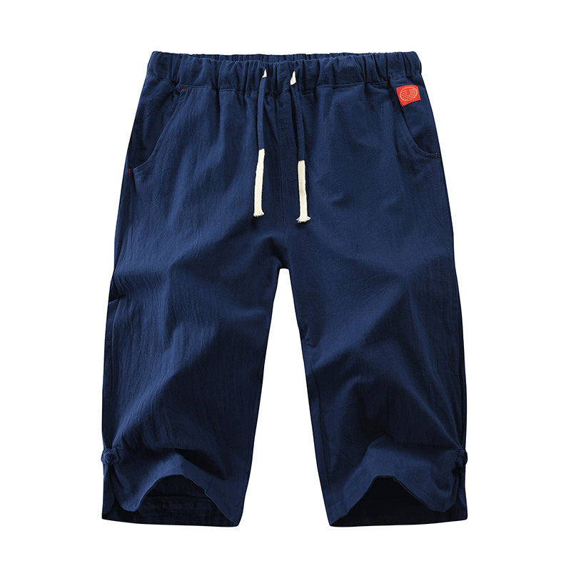 "Herr casual byxor i linne och bomull, elegant design i grått, svart, marinblått eller armégrönt, perfekt för sommar."