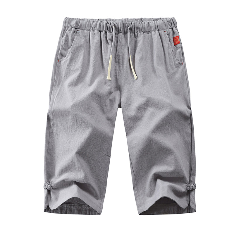 "Herr casual byxor i linne och bomull, elegant design i grått, svart, marinblått eller armégrönt, perfekt för sommar."