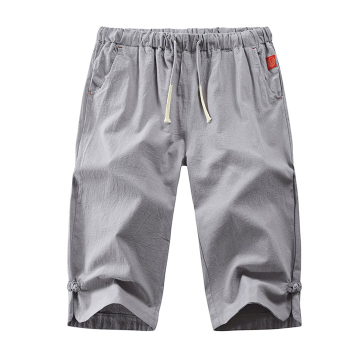 "Herr casual byxor i linne och bomull, elegant design i grått, svart, marinblått eller armégrönt, perfekt för sommar."