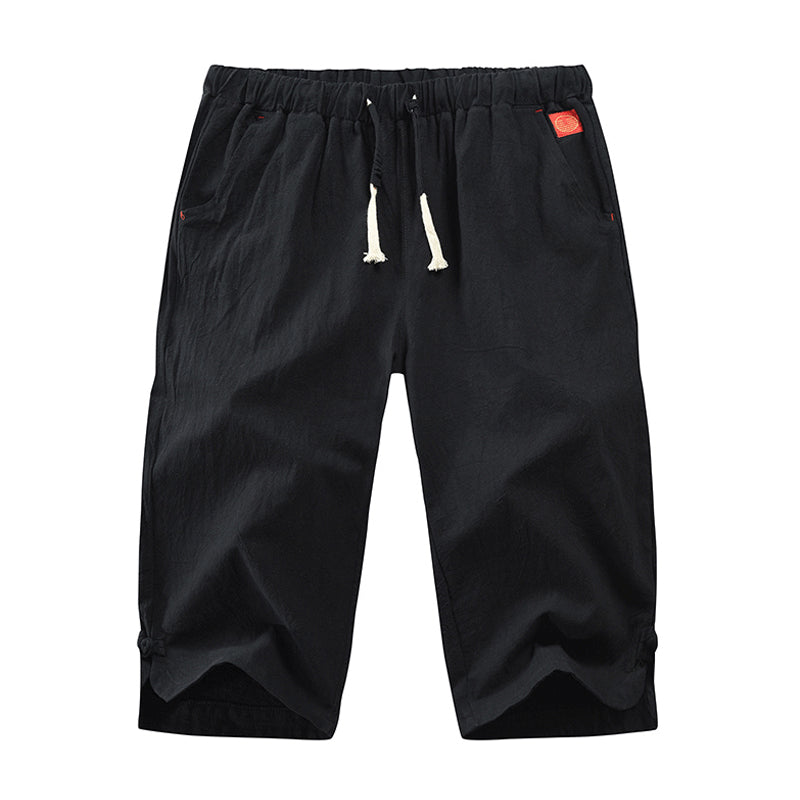 "Herr casual byxor i linne och bomull, elegant design i grått, svart, marinblått eller armégrönt, perfekt för sommar."