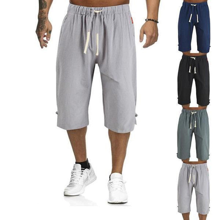 "Herr casual byxor i linne och bomull, elegant design i grått, svart, marinblått eller armégrönt, perfekt för sommar."