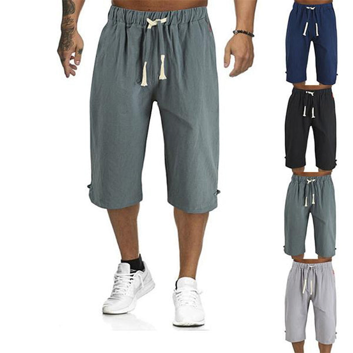 "Herr casual byxor i linne och bomull, elegant design i grått, svart, marinblått eller armégrönt, perfekt för sommar."