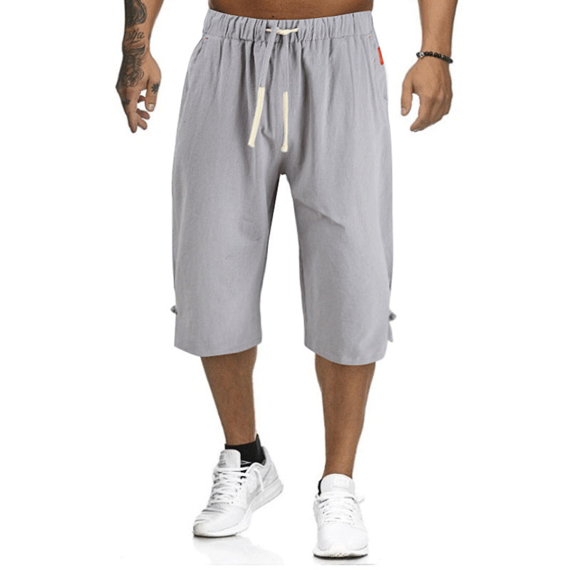 "Herr casual byxor i linne och bomull, elegant design i grått, svart, marinblått eller armégrönt, perfekt för sommar."