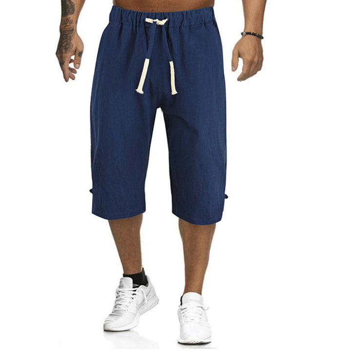 "Herr casual byxor i linne och bomull, elegant design i grått, svart, marinblått eller armégrönt, perfekt för sommar."