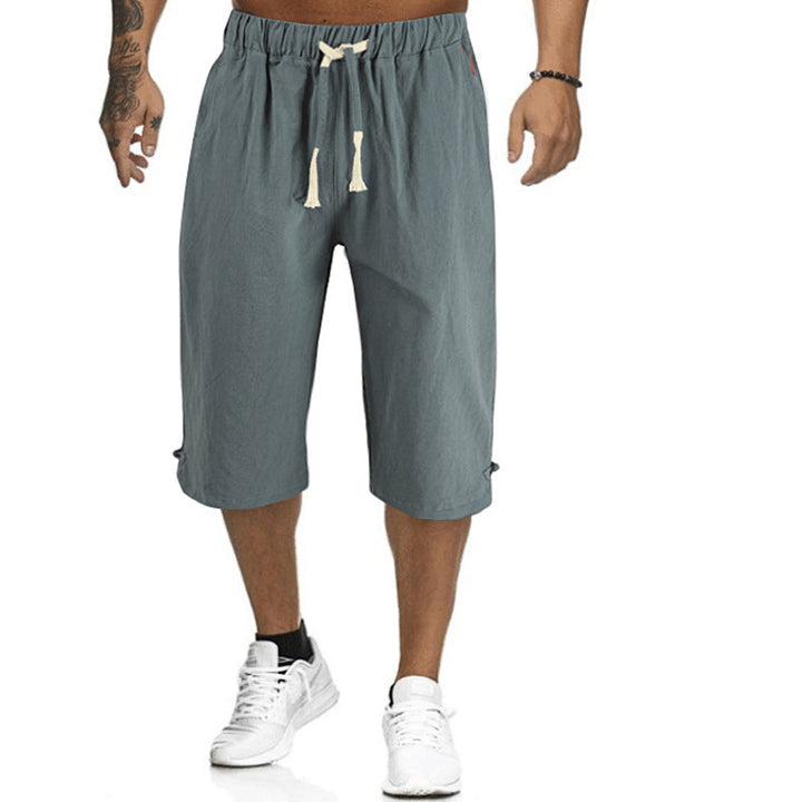 "Herr casual byxor i linne och bomull, elegant design i grått, svart, marinblått eller armégrönt, perfekt för sommar."