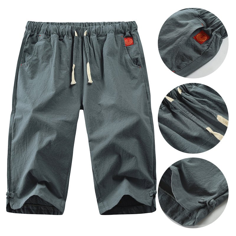 "Herr casual byxor i linne och bomull, elegant design i grått, svart, marinblått eller armégrönt, perfekt för sommar."