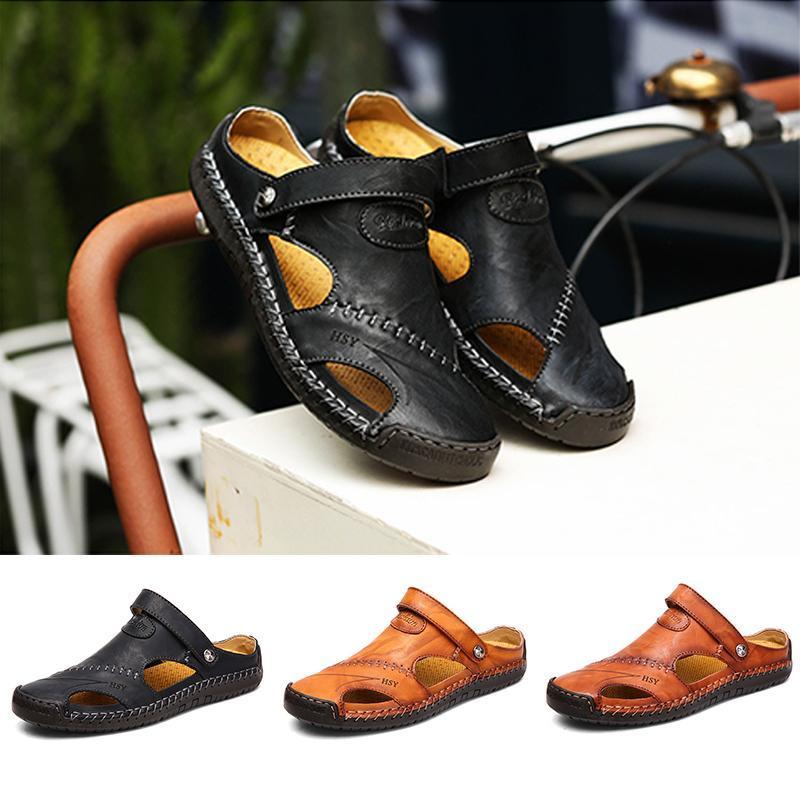 "Herr casual lädersandaler med rund tå, lättviktiga och bruna. Perfekt för sommar, strand och stadspromenader."