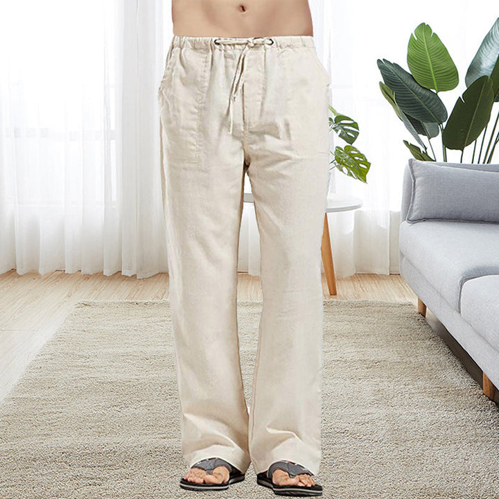 "Herr casual linnebyxor med resår, lös passform, beige, vår sommar höst säsong, framifrån vy för stil och komfort."