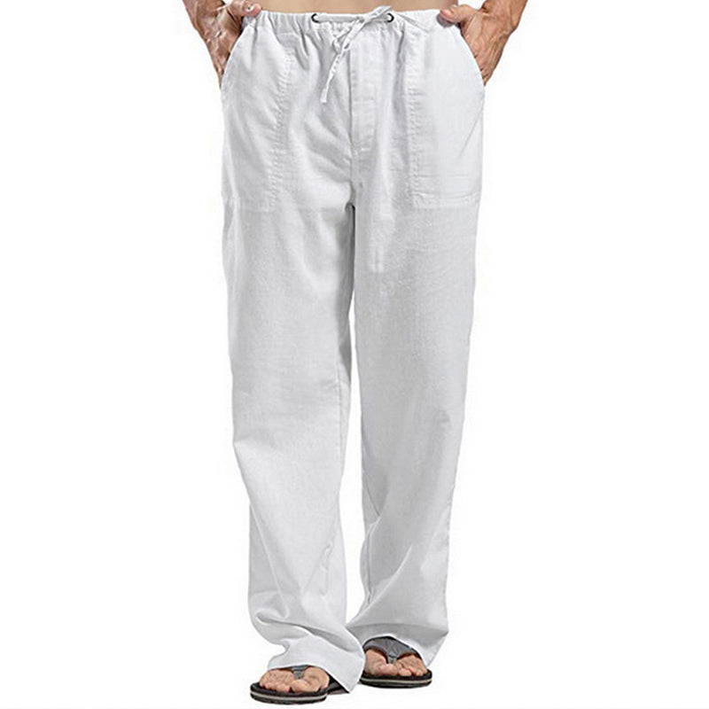 "Herr casual linnebyxor med resår, lös passform, beige, vår sommar höst säsong, framifrån vy för stil och komfort."