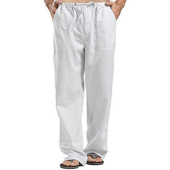 "Herr casual linnebyxor med resår, lös passform, beige, vår sommar höst säsong, framifrån vy för stil och komfort."