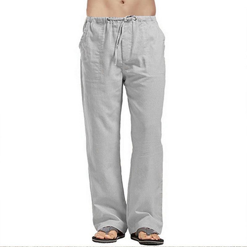 "Herr casual linnebyxor med resår, lös passform, beige, vår sommar höst säsong, framifrån vy för stil och komfort."