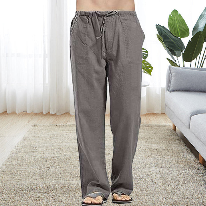 "Herr casual linnebyxor med resår, lös passform, beige, vår sommar höst säsong, framifrån vy för stil och komfort."