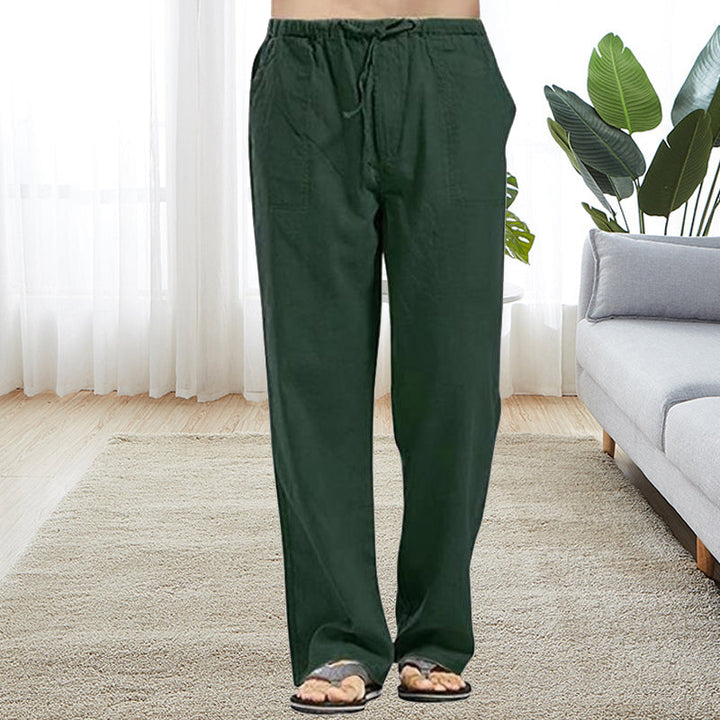 "Herr casual linnebyxor med resår, lös passform, beige, vår sommar höst säsong, framifrån vy för stil och komfort."