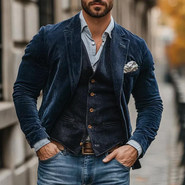 Herr corduroy kostymset med kavaj och väst i slim fit. Elegant retro chic för fest och vardagsstil, tidlöst herrmode.