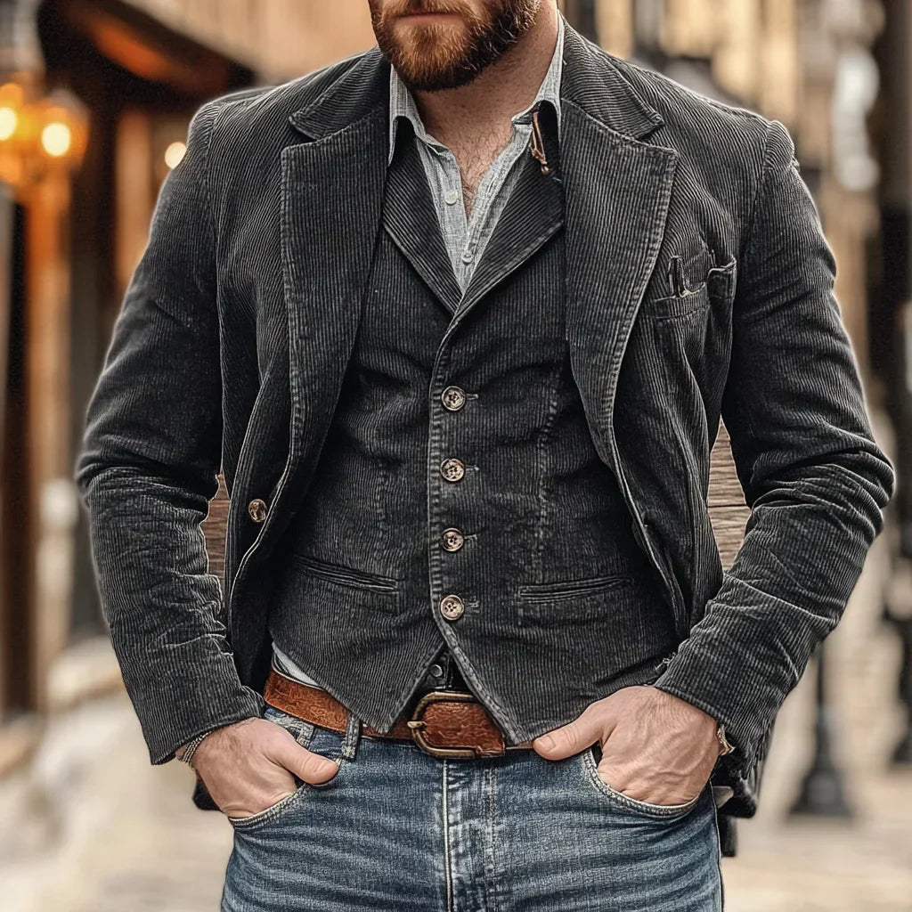 Elegant herr kostymset i corduroy: slim fit kavaj och matchande väst. Perfekt för en sofistikerad retro-look.