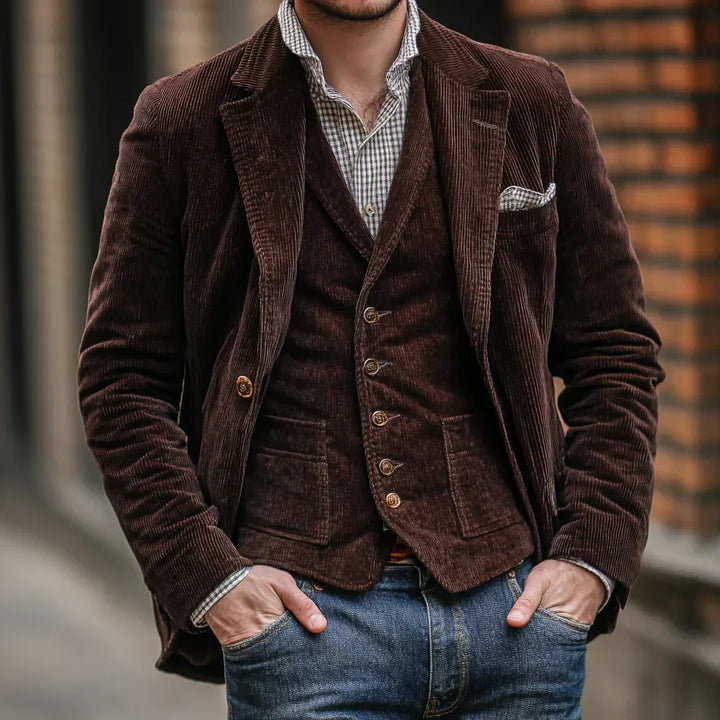 Chic herr corduroy kavaj och väst i set, för en elegant och retro-inspirerad stil. Perfekt för den moderna mannen.