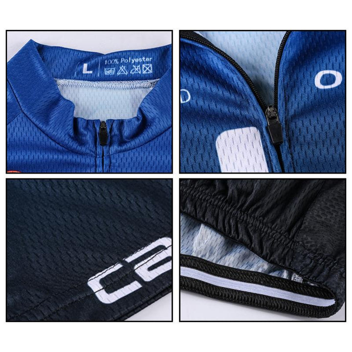 "Herr cykelset med kortärmad tröja och shorts i mesh och Lycra, andas och snabbtorkar, perfekt för cykeläventyr."