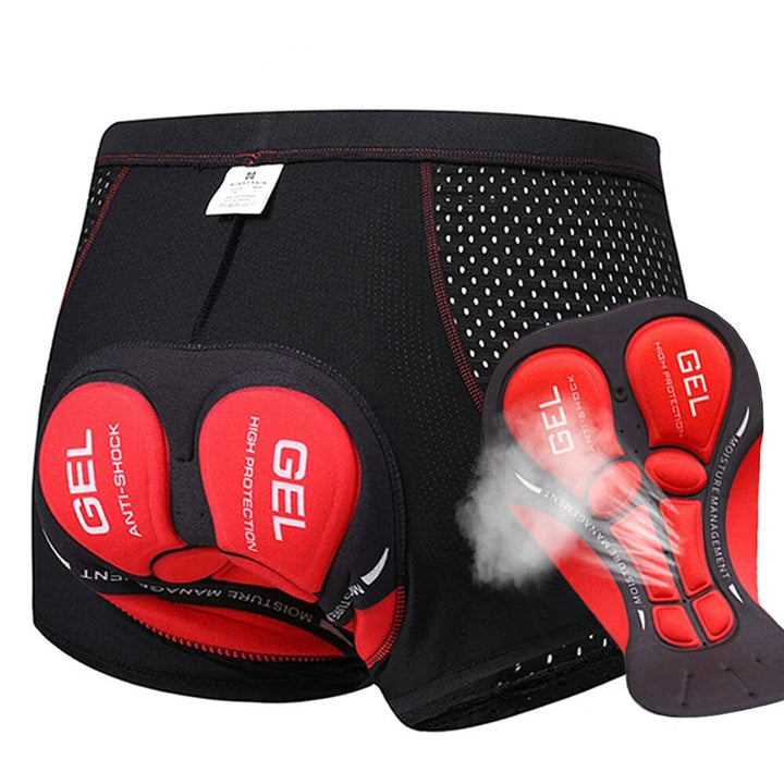 Röda herr cykelshorts med 5D gelpad, optimala för mountainbike och långa cykelturer.