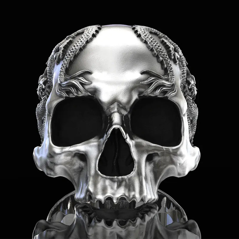 "Herr dödskallering i silver med drakar, gotisk design, detaljer med dödskallar och drakar för kraftfull stil."