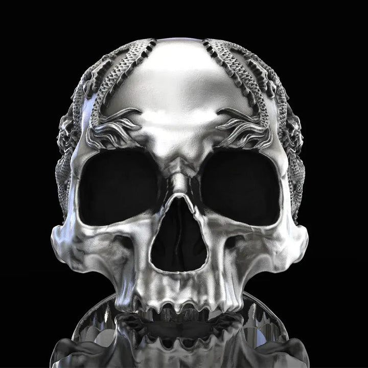 "Herr dödskallering i silver med drakar, gotisk design, detaljer med dödskallar och drakar för kraftfull stil."