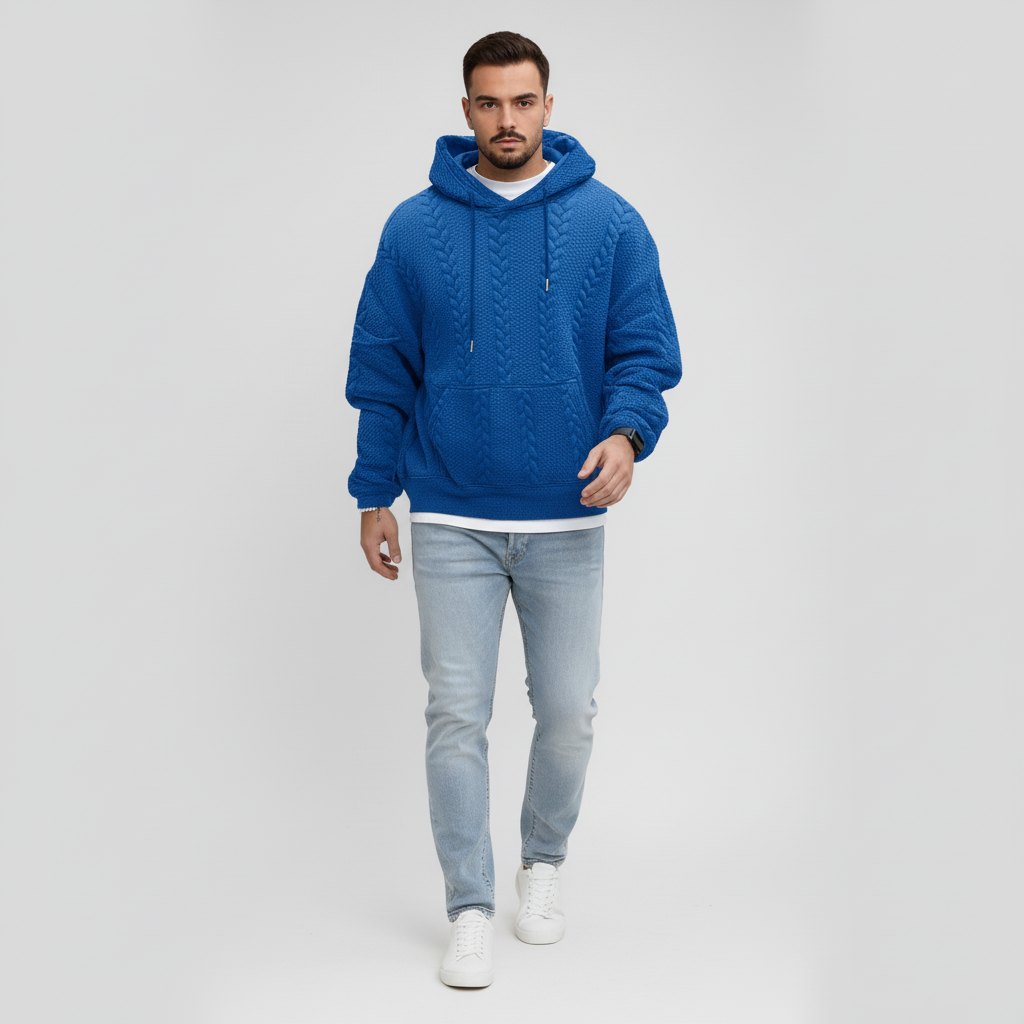 Herr Logan huvtröja, flätstickad pullover. Stickad tröja för casual höstmode.