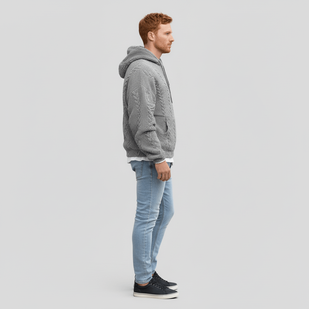 Stilren herr pullover huvtröja med flätstickning, idealisk för casual vardagsmode.