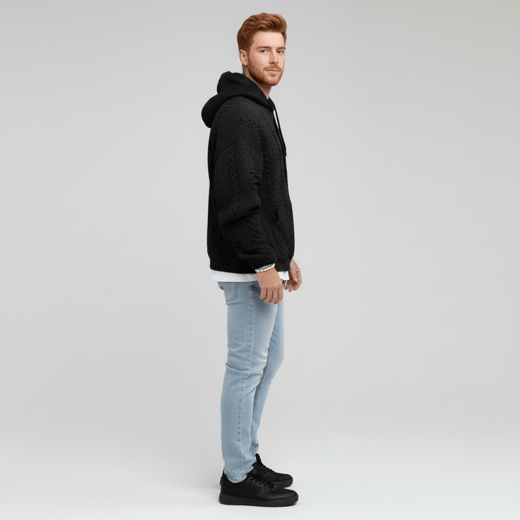 Trendig herr Logan flätstickad tröja för höstmode. En bekväm huvtröja för män.