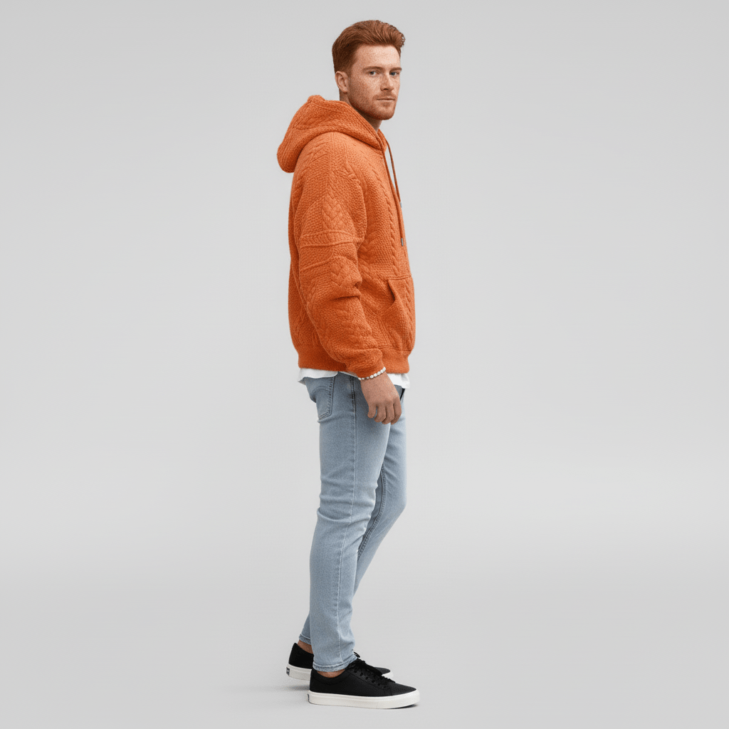 Varm och bekväm herr huvtröja Logan. Perfekt flätstickad pullover för kyliga vardagar.