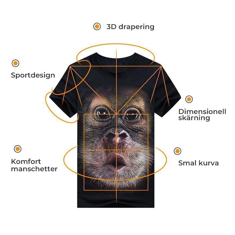Herr Gorilla 3D T-shirt i mörklila och svart, rolig design, visar en humoristisk gorilla med detaljerad 3D-effekt.