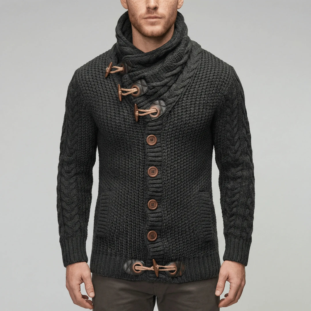 Mysig, varm herr cardigan Nicholas i grovstickad retro design med krage. Idealisk för avslappnad stil.