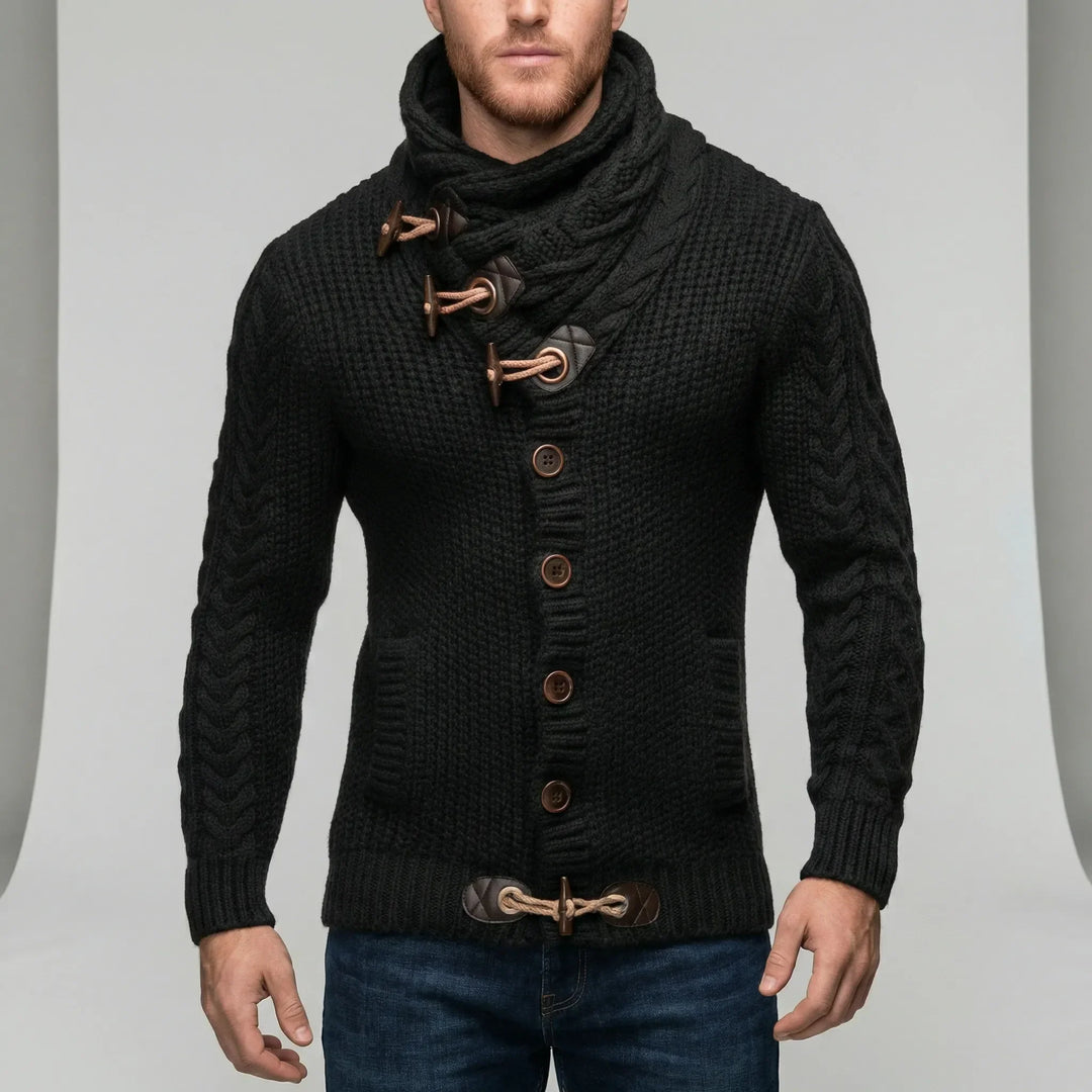 Elegant herr cardigan grovstickad Nicholas. Mysig kofta med krage, fickor och retro design. Varm stickad tröja.