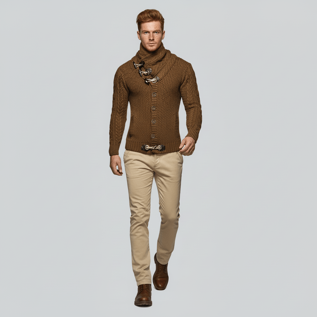 Bekväm och stilren grovstickad herr cardigan med krage, för kallare dagar.