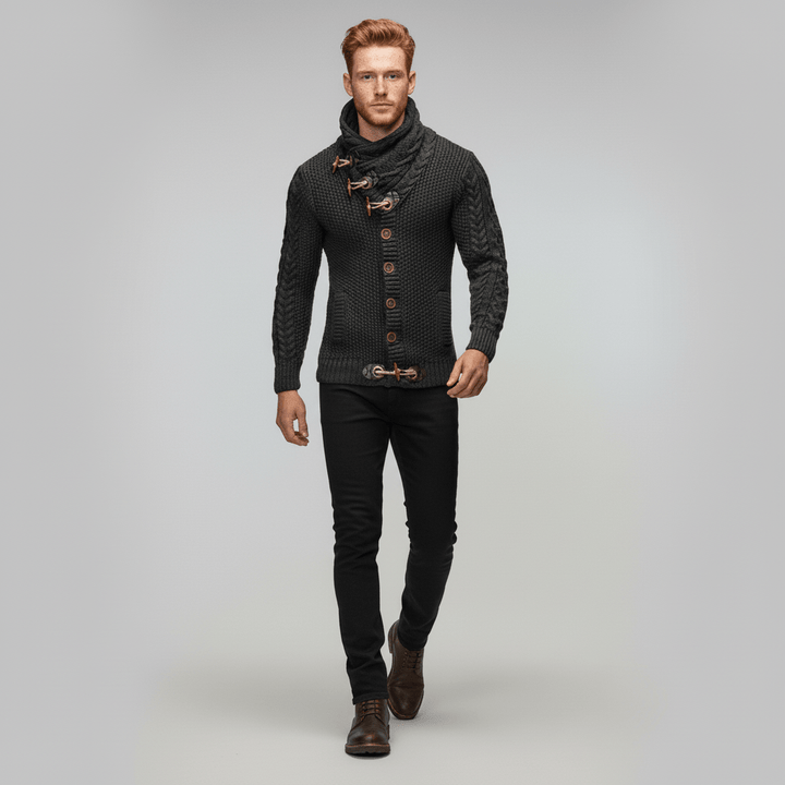 Vintertröja: Grovstickad herr cardigan med krage, varm och bekväm för utomhusbruk.