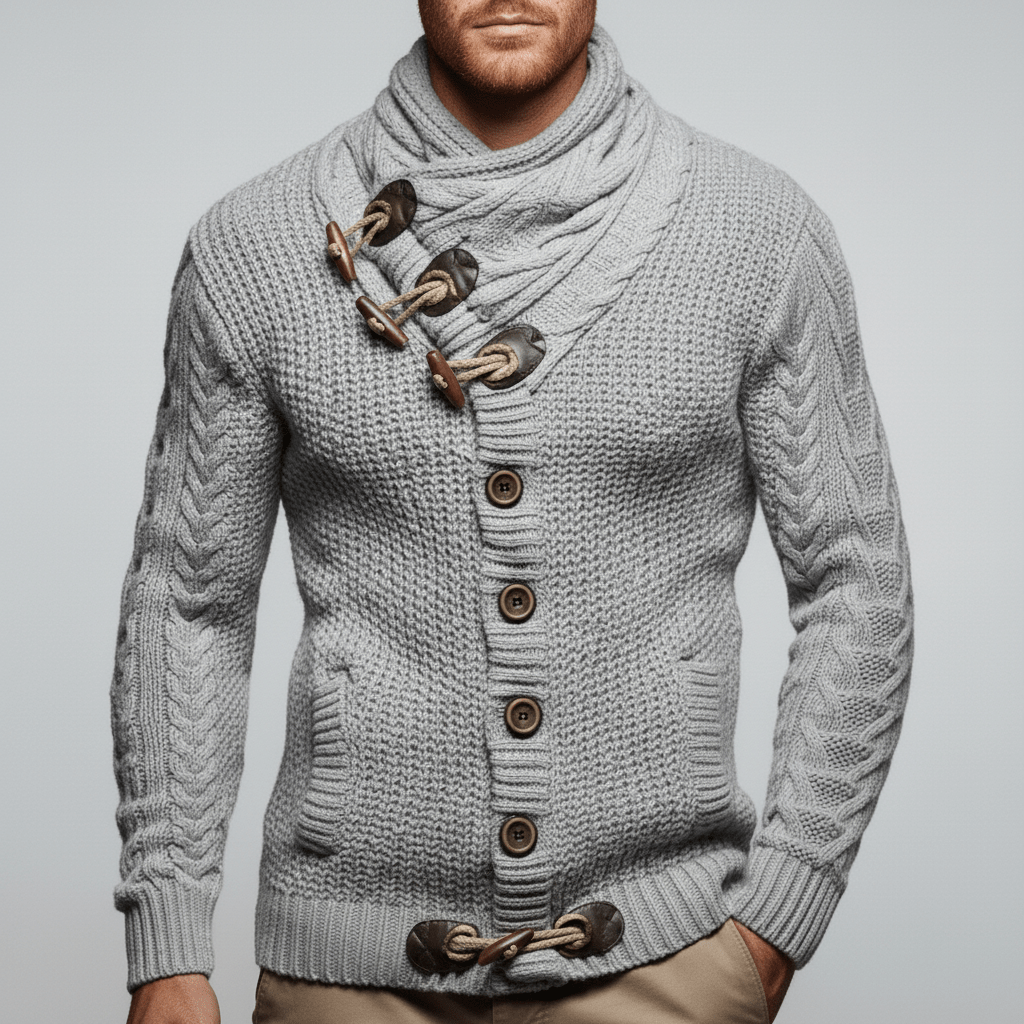 Flätstickad herr cardigan med krage, grov stickning för extra värme och stil.