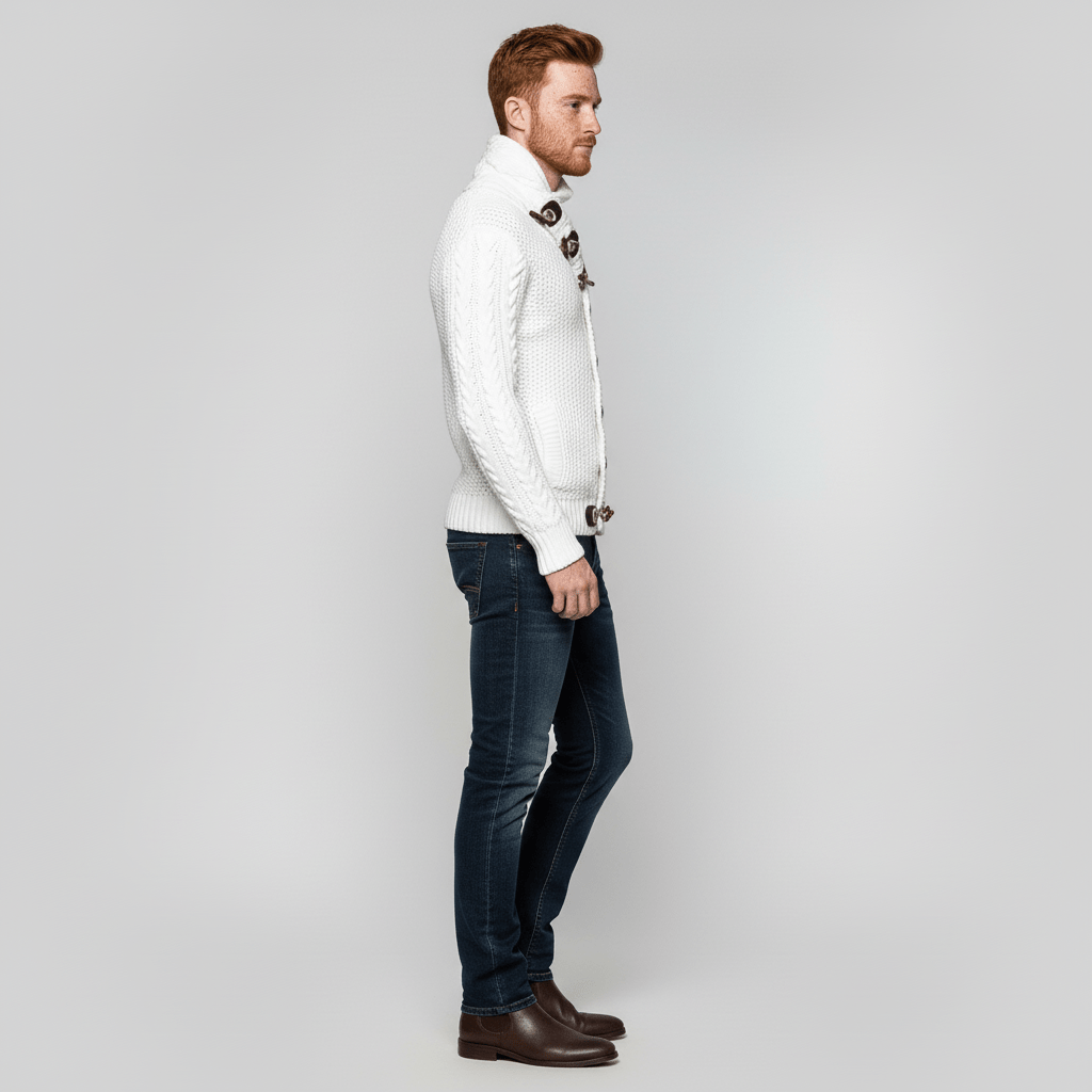Stilren herr cardigan med krage, grovstickad i marinblått, för modern herrmode.