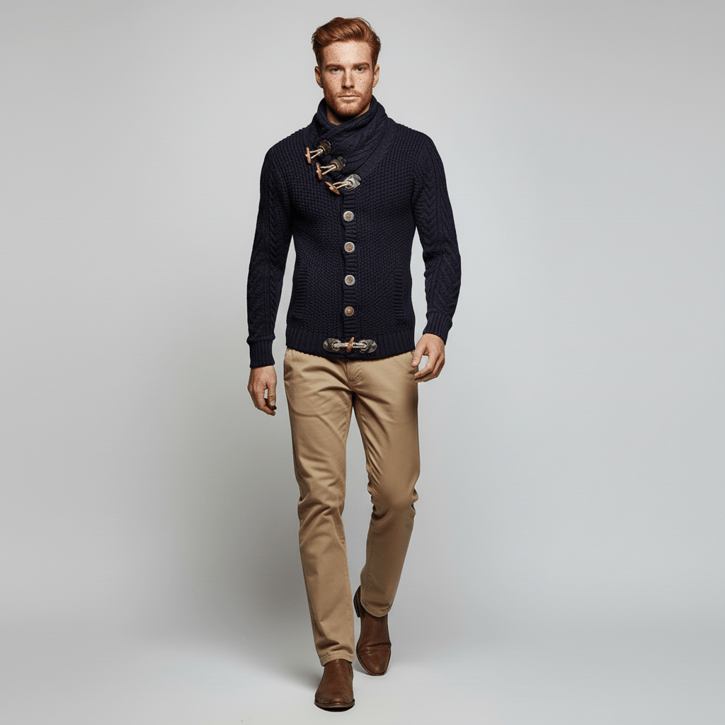 Herr cardigan grovstickad i svart, med elegant krage, för en sofistikerad look.