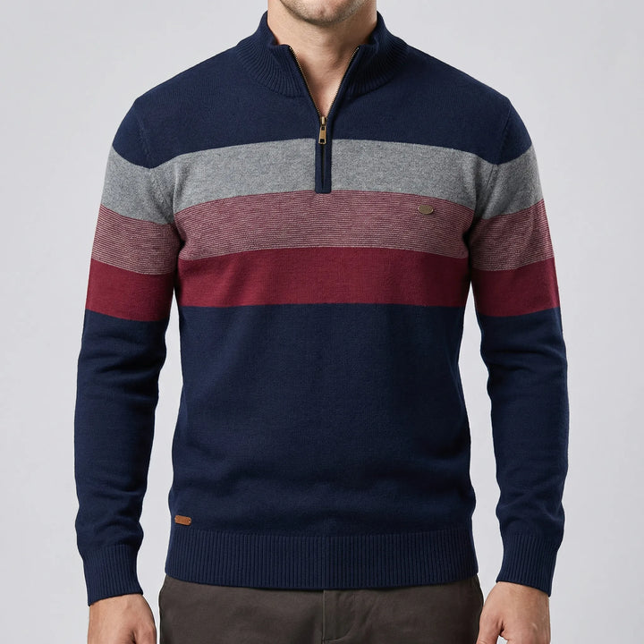 Toby randig halvzip-tröja för herr. En elegant och casual stickad herrtröja, idealisk för vårmode.