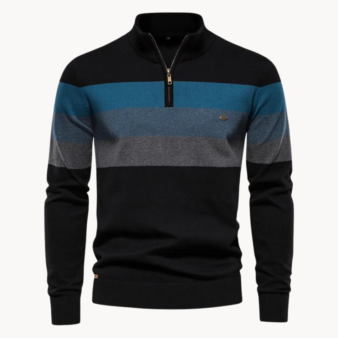 Enkel & stilren randig halvzip-tröja för män. Långärmad, högkvalitativ stickad pullover Toby.