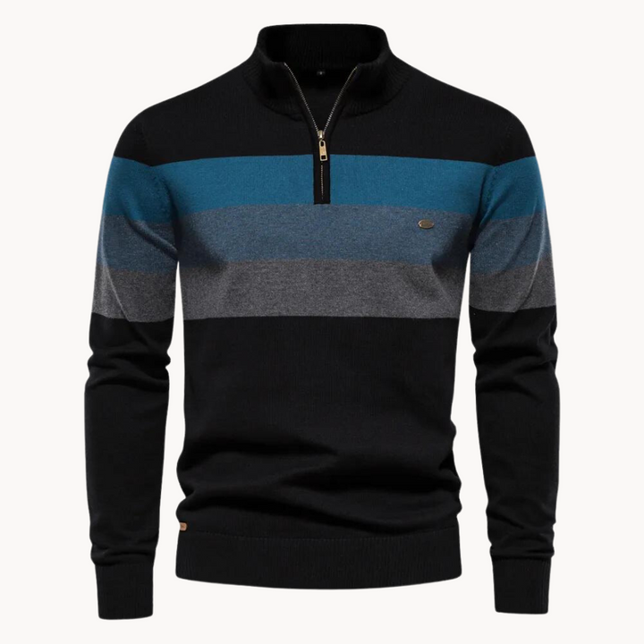 Enkel & stilren randig halvzip-tröja för män. Långärmad, högkvalitativ stickad pullover Toby.