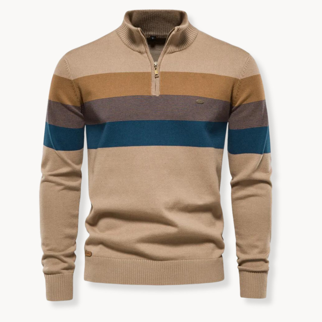 Herrtröja med halvzip i randigt mönster. Långärmad, casual pullover Toby, bekväm för höst och vinter.