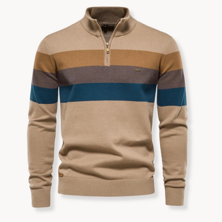 Herrtröja med halvzip i randigt mönster. Långärmad, casual pullover Toby, bekväm för höst och vinter.