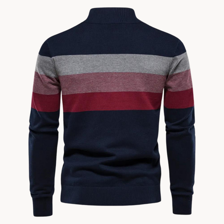 Bekväm randig halvzip-tröja för män. Långärmad pullover, perfekt vardagströja för hösten.