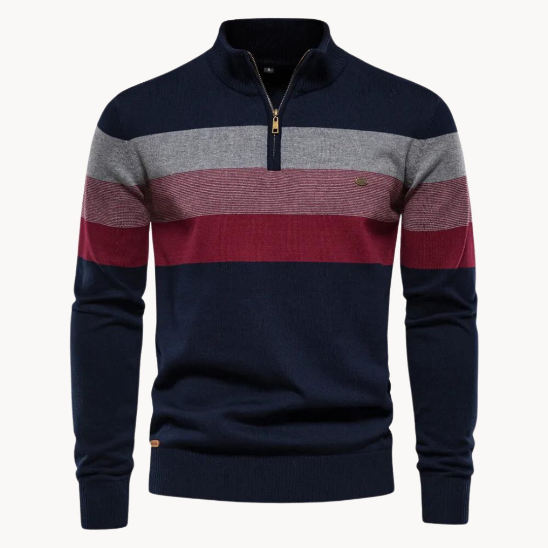 Herrarnas randiga halvzip-tröja för höst. Långärmad, bekväm pullover, stilren för vardag och fritid.