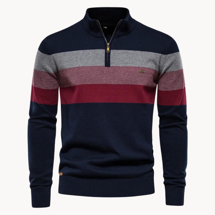 Herrarnas randiga halvzip-tröja för höst. Långärmad, bekväm pullover, stilren för vardag och fritid.