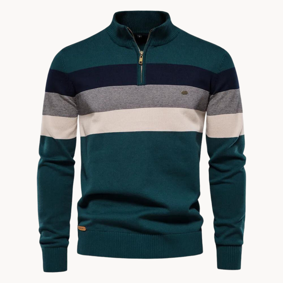 Mjuk stickad herrtröja med halvzip. Randig långärmad pullover för män, passar casual och smart casual.