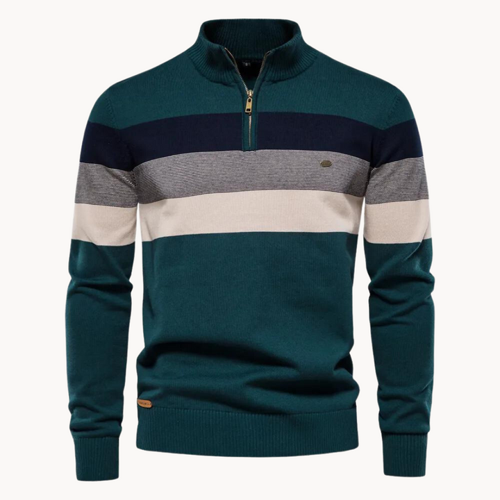 Mjuk stickad herrtröja med halvzip. Randig långärmad pullover för män, passar casual och smart casual.