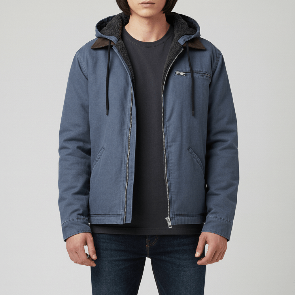 Herrjacka i hoodiestil med dragkedja, mjukt tyg och bekväm passform för alla tillfällen.