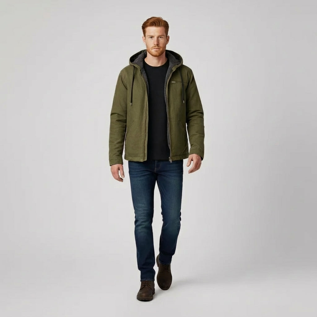 Mångsidig herr hoodiejacka med dragkedja, huva, för avslappnad stil och bekväm fritid.