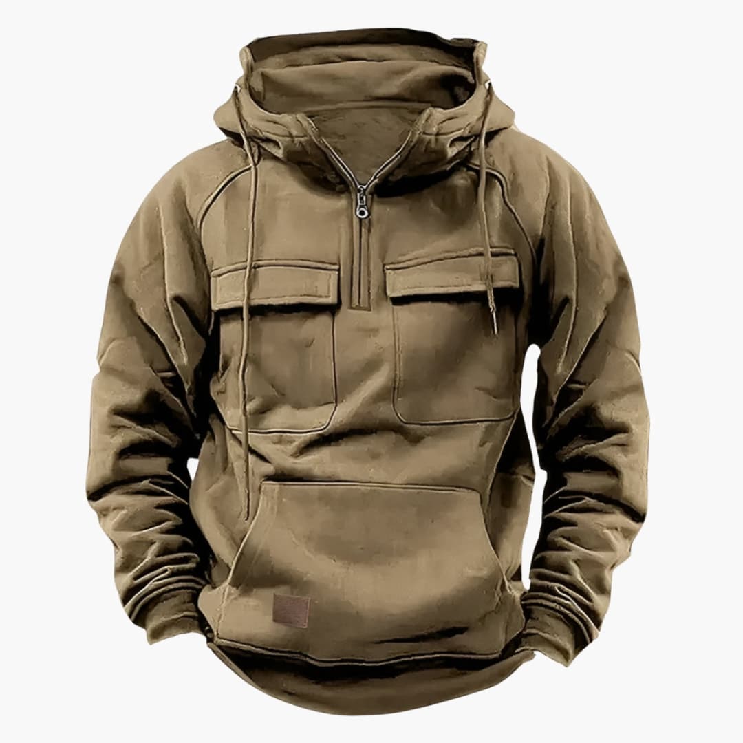 Herr huvtröja med halv dragkedja och bröstfickor. Stickad hoodie för vardagsmode, komfort och stil.